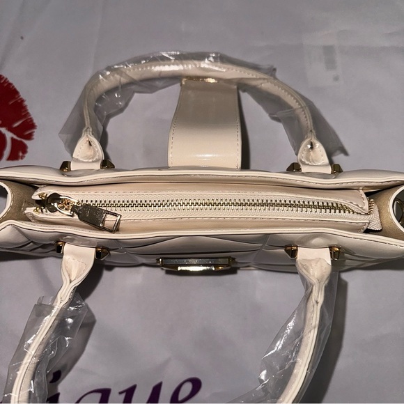 Ivory Faux Patent Leather Convertible Top Handle Swing Bag - Picture 12 of 12